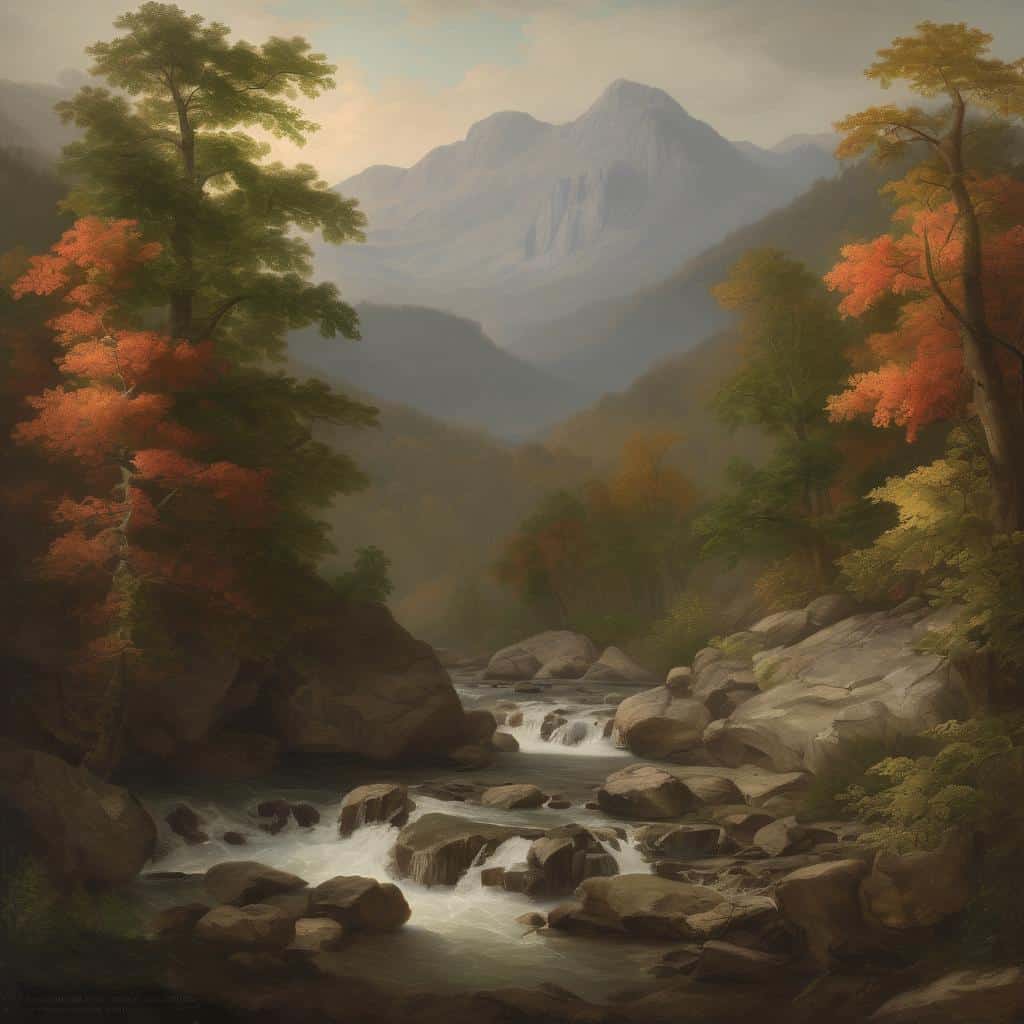 Ομαδική εικόνα του όμορφου χειμωνιάτικου τοπίου με καταρράκτες και δέντρα στις αποχρώσεις του φθινοπώρου σε ένα βουνό, ιδανικό για την τέχνη ως κοινωνικό διάλογο.