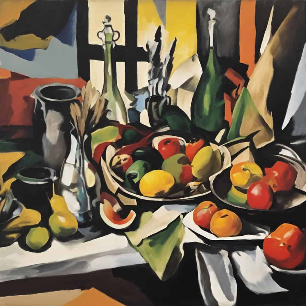Ψηφιακή ζωγραφιά με αφθονία φρούτων και αντικειμένων σε still life, με έντονες σκιές και ζωηρά χρώματα, δημιουργώντας ένα δυναμικό και καλλιτεχνικό σκηνικό για την κοινωνική αξία της τέχνης.