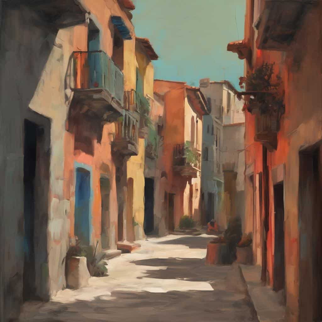 Γραφείο δρόμου με παλιά κτήρια και μπαλκόνια, ζωγραφισμένο σε στυλ ιμπρεσιονιστικό, αναδεικνύει την τέχνη ως μέσο κοινωνικού διαλόγου και πολιτισμική έκφραση.