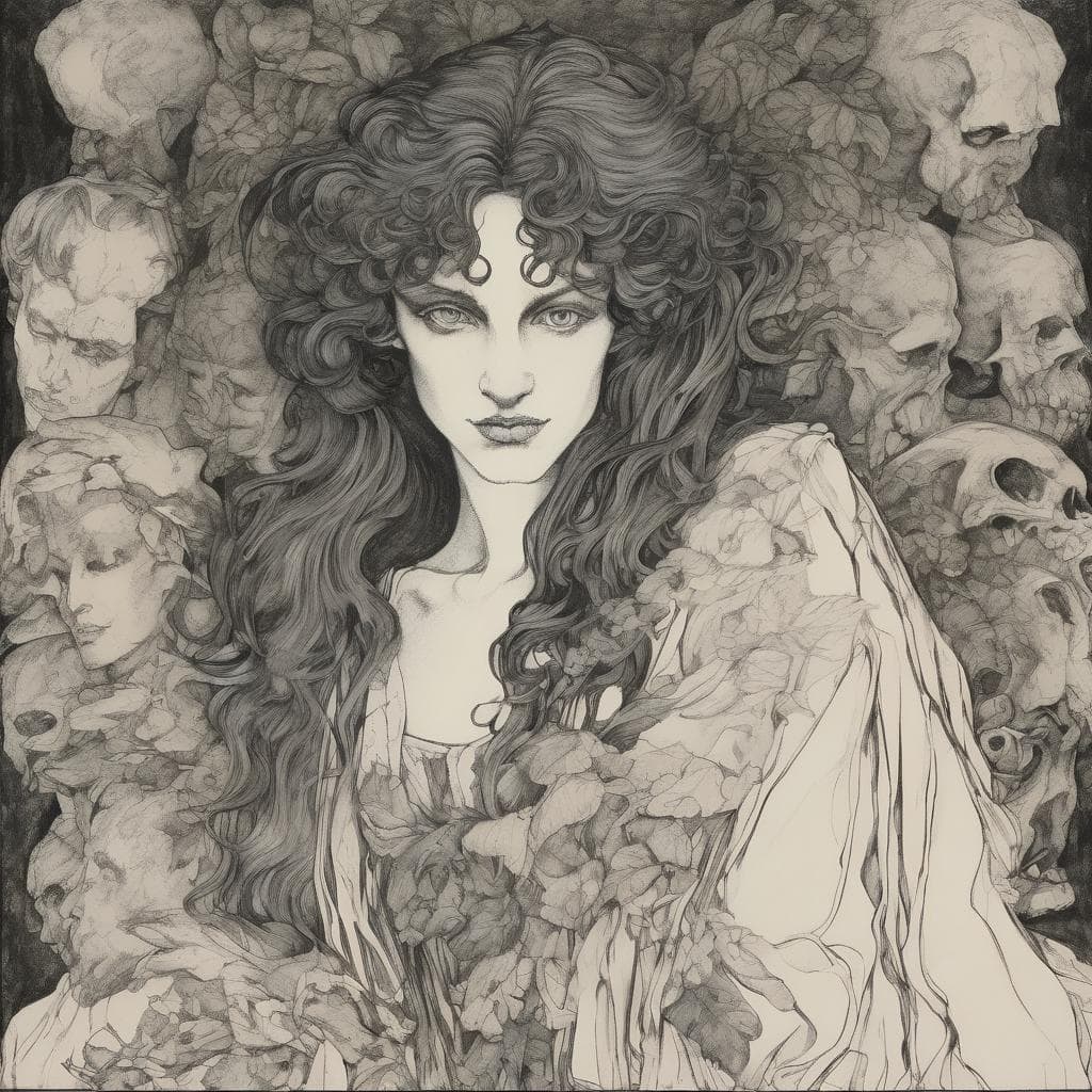 Ανθρώπινη μορφή με μακριά μαλλιά και ανατριχιαστικά κρανία, τέχνη ως μέσο κοινωνικού διαλόγου, προκλητικό και μυστηριώδες έργο τέχνης, σύγχρονη δημιουργία που αναδεικνύει την τέχνη στην κοινωνική συζήτηση.