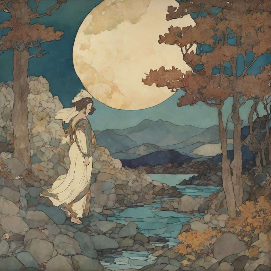 Ομορφη τέχνη και κοινωνικός διάλογος με εικαστικό έργο που απεικονίζει μια γυναίκα στο φυσικό τοπίο κάτω από το φωτεινό φεγγάρι, συμβολίζοντας το ρόλο της τέχνης στην κοινωνική συνομιλία.