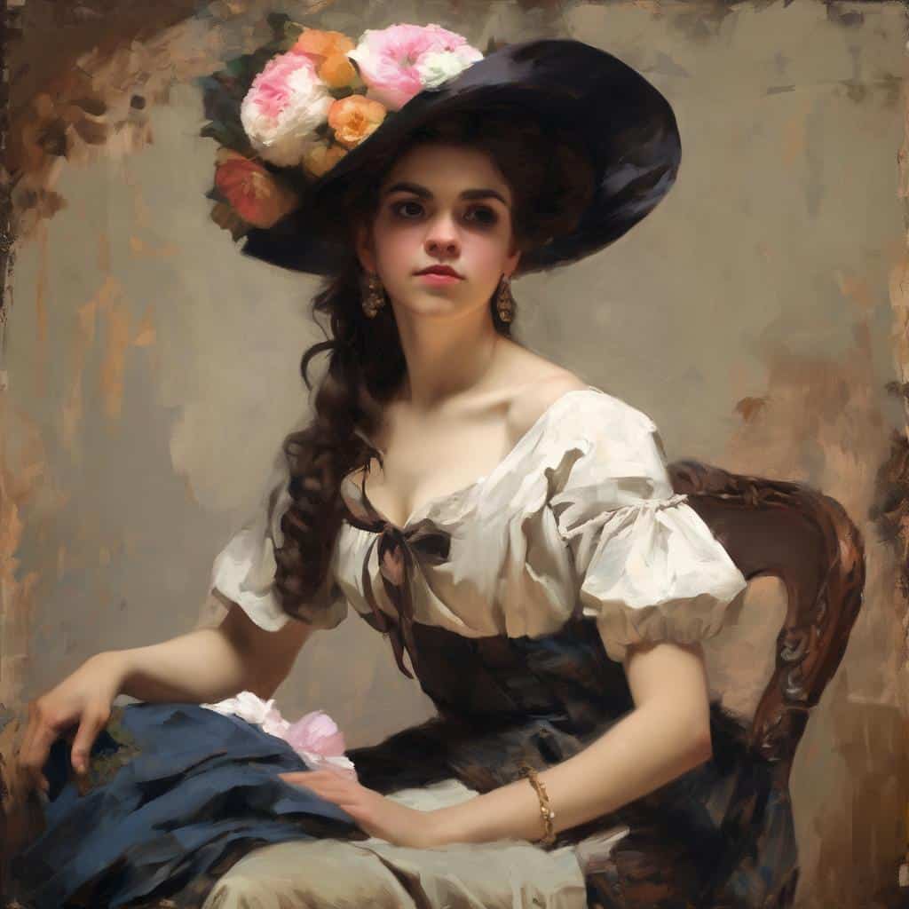 Ομορφη γυναίκα με μεγάλο καπέλο γεμάτο λουλούδια, κλασικό πορτρέτο σε στυλ ζωγραφικής, εξέφραση κοινωνικού διαλόγου μέσω τέχνης και μόδας, ιδανικό θέμα για τέχνη και κοινωνία, αριστουργηματικό έργο ζωγραφικής, τέχνη και κοινωνικός διάλογος.