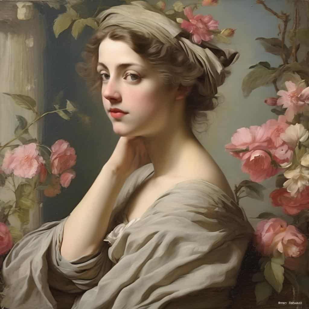 Ομορφιά και τέχνη σε μια κλασική πορτρέτα, αναδεικνύοντας το κοινωνικό διάλογο μέσω της τέχνης και της δημιουργικότητας, με στοιχεία λουλουδιών και ρετρό αισθητική.